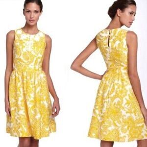 Eliza J Floral Paisley Dress Yellow & White Cotton Linen Blend A-line Size 10